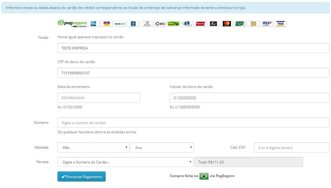Módulo de Pagamento PagSeguro API Transparente Opencart